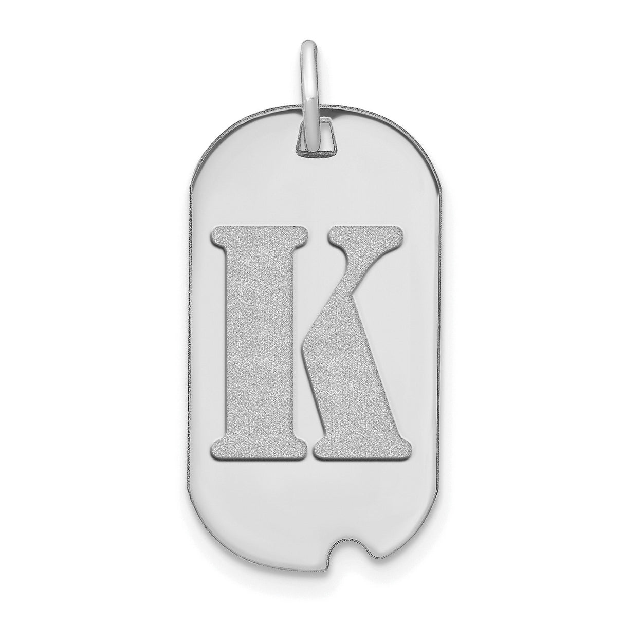14k White Gold Dog Tag Pendant with Letter K, Polished Satin Finish, Unisex Charm