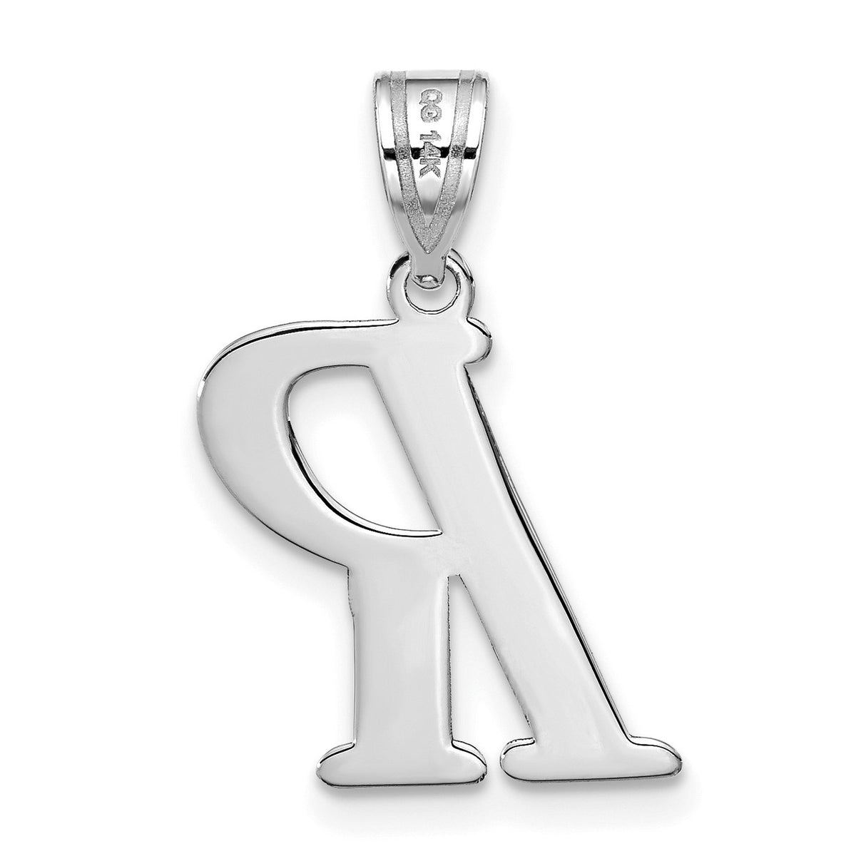 14k White Gold Letter R Pendant, Polished Script Initial Charm for Women or Unisex Wear