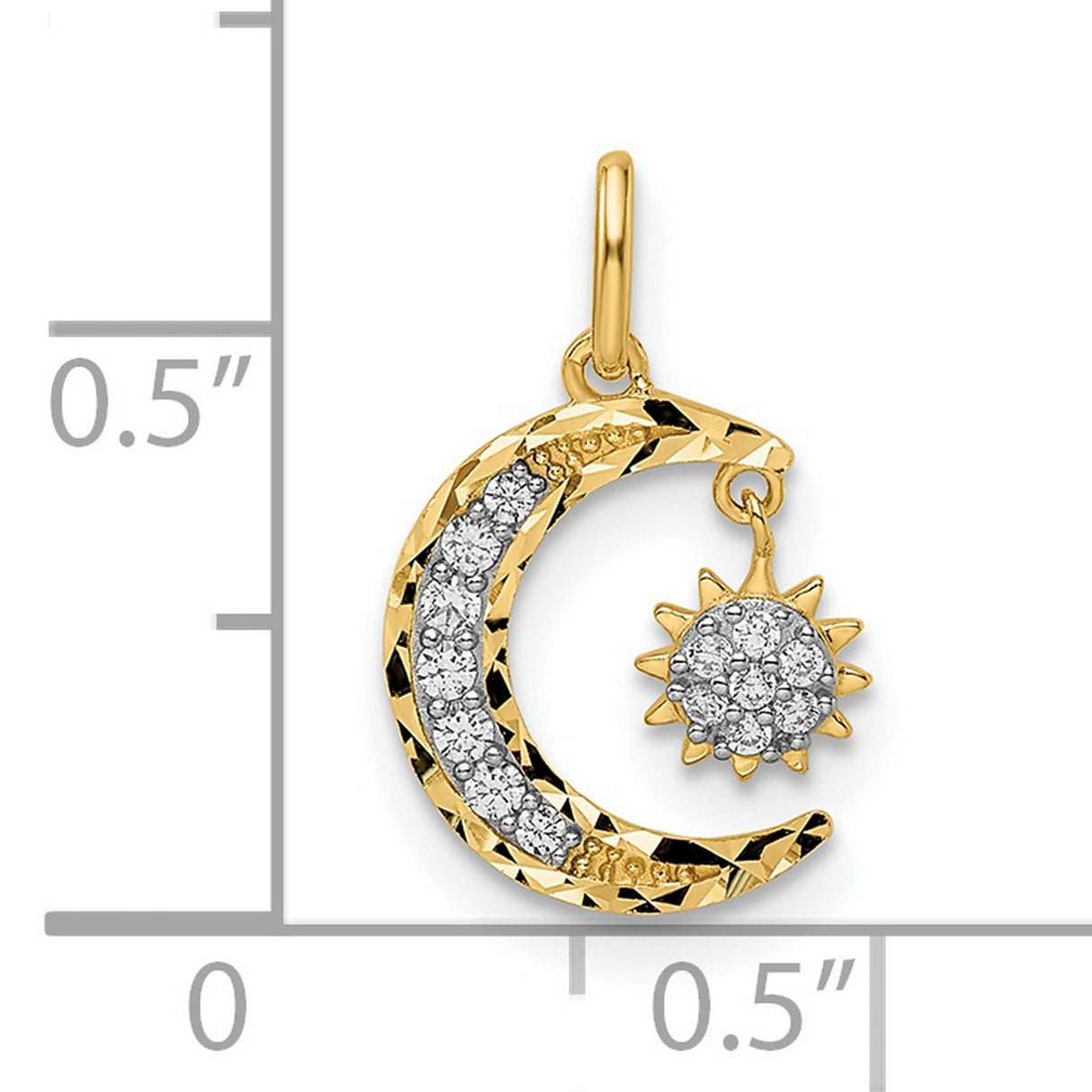 14k Yellow Gold Pendant with Cubic Zirconia, Crescent Moon and Sun Charm, Astrology Jewelry for Women