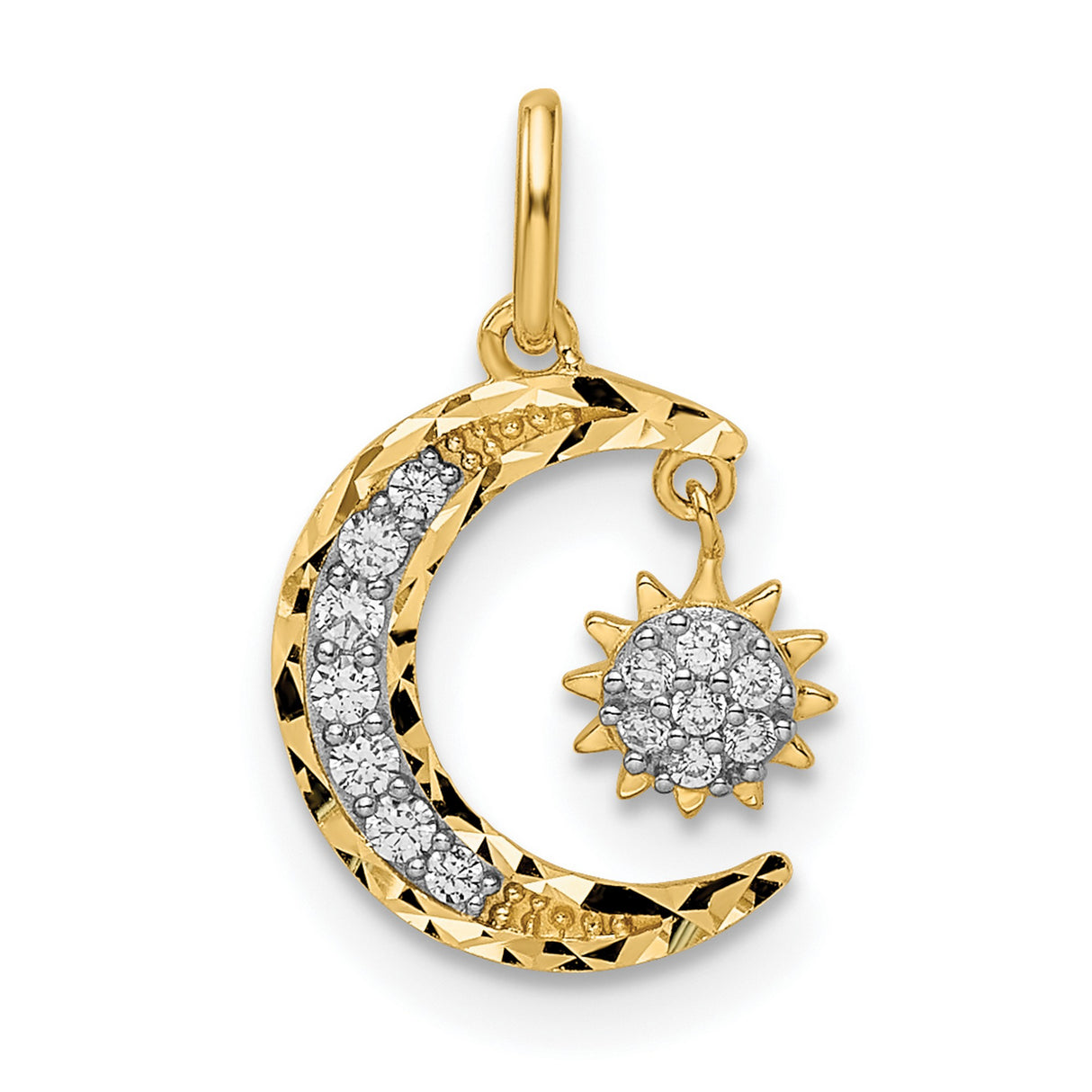14k Yellow Gold Pendant with Cubic Zirconia, Crescent Moon and Sun Charm, Astrology Jewelry for Women