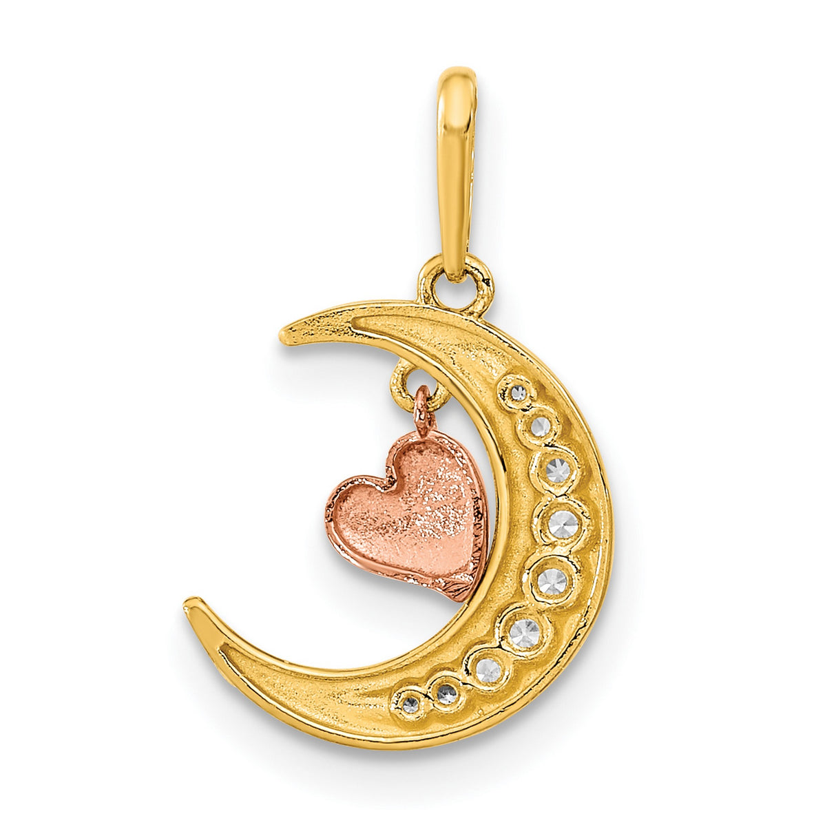 14k Two-Tone Gold Pendant with Cubic Zirconia, Crescent Moon and Rose Gold Heart Charm