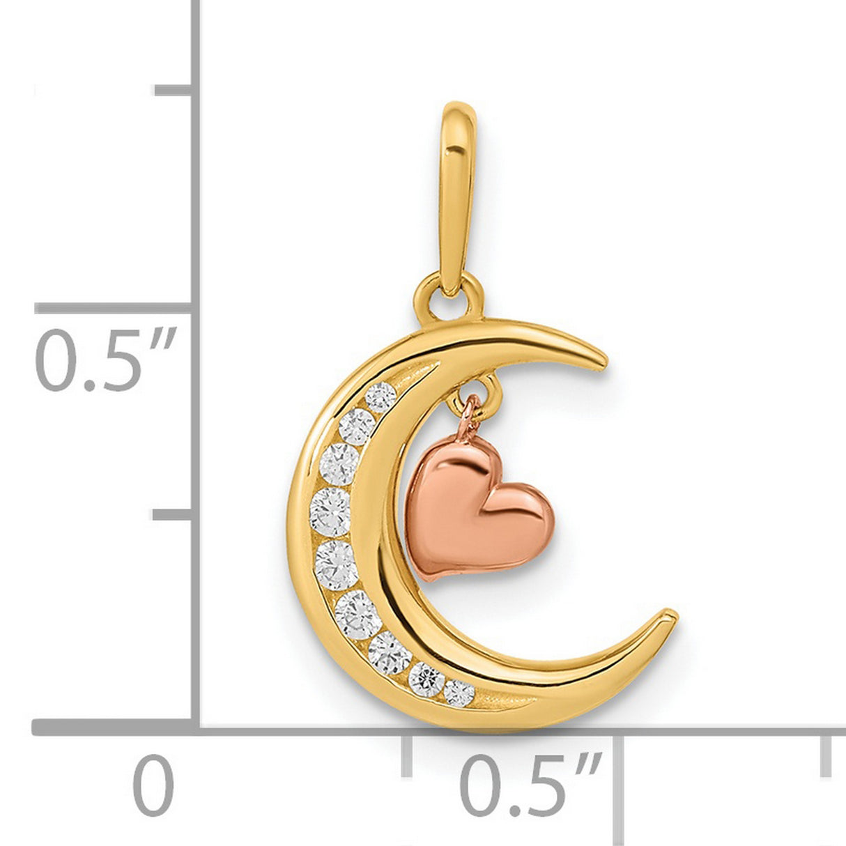 14k Two-Tone Gold Pendant with Cubic Zirconia, Crescent Moon and Rose Gold Heart Charm