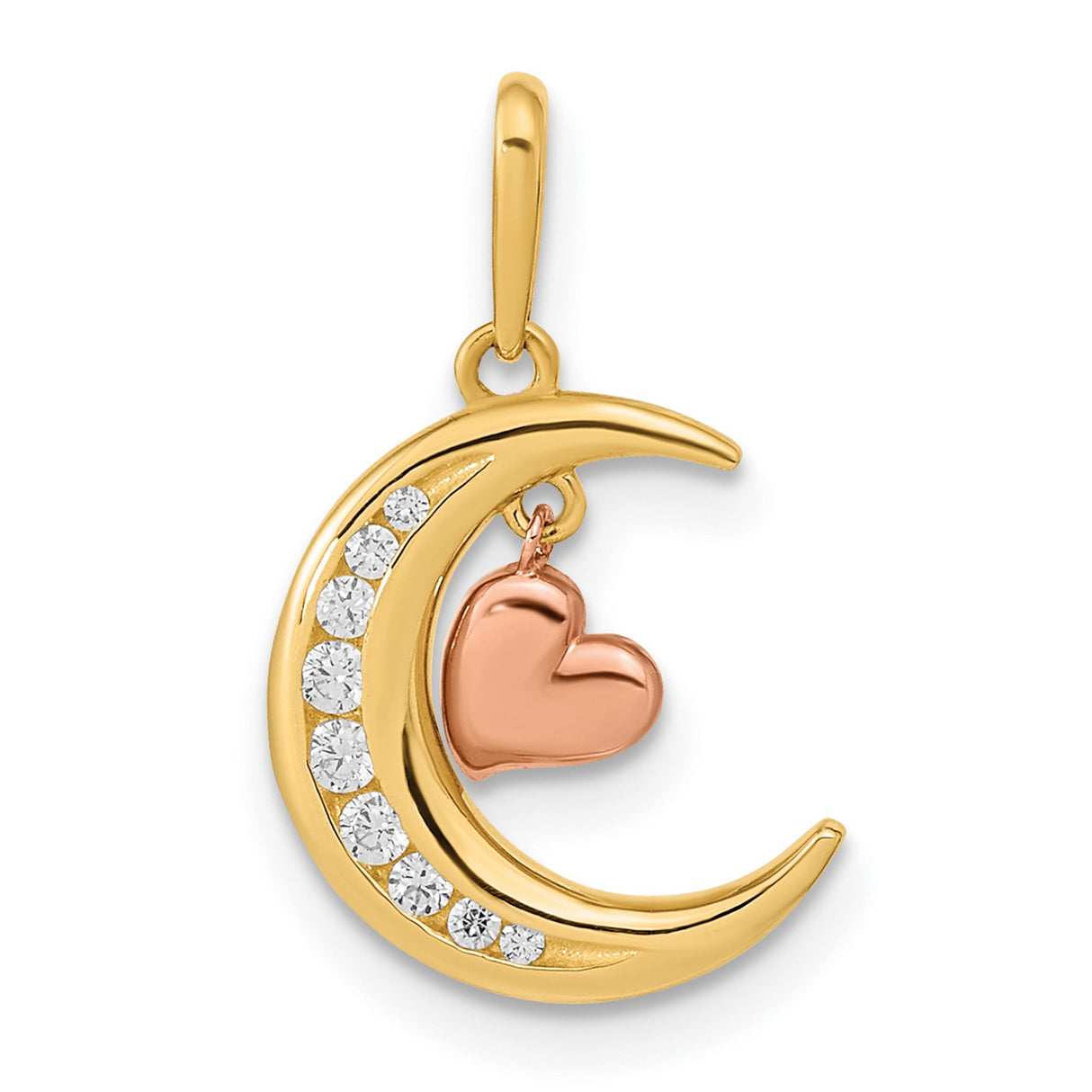14k Two-Tone Gold Pendant with Cubic Zirconia, Crescent Moon and Rose Gold Heart Charm