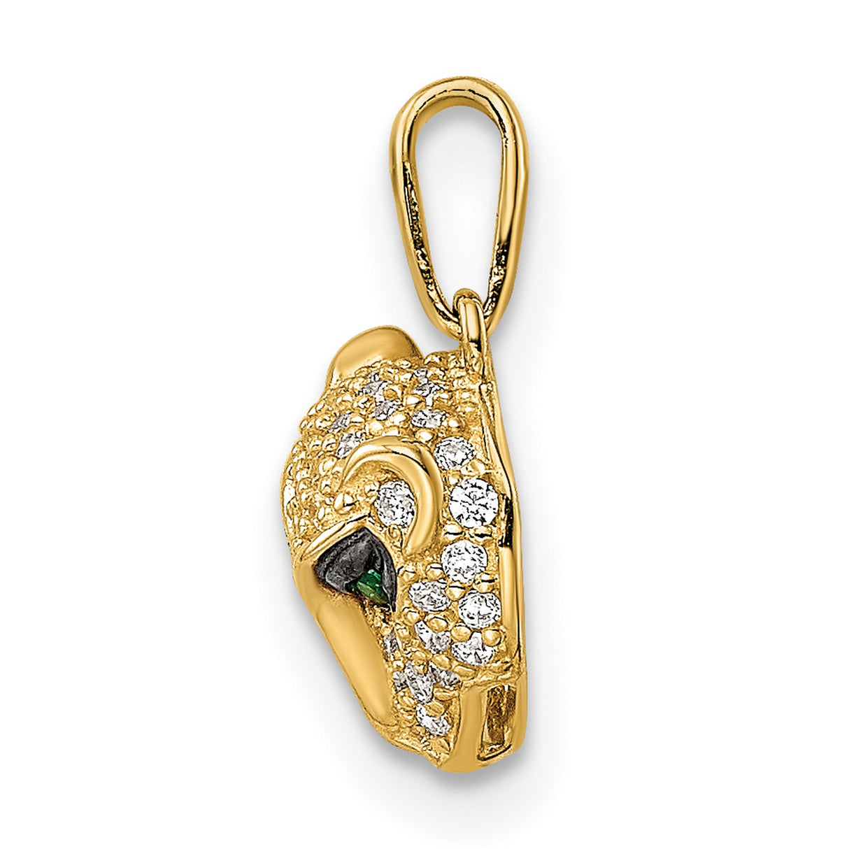 14k Yellow Gold Leopard Head Pendant with Pavé White Stones and Green Gem Eyes
