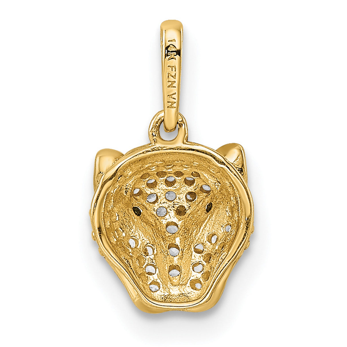 14k Yellow Gold Leopard Head Pendant with Pavé White Stones and Green Gem Eyes