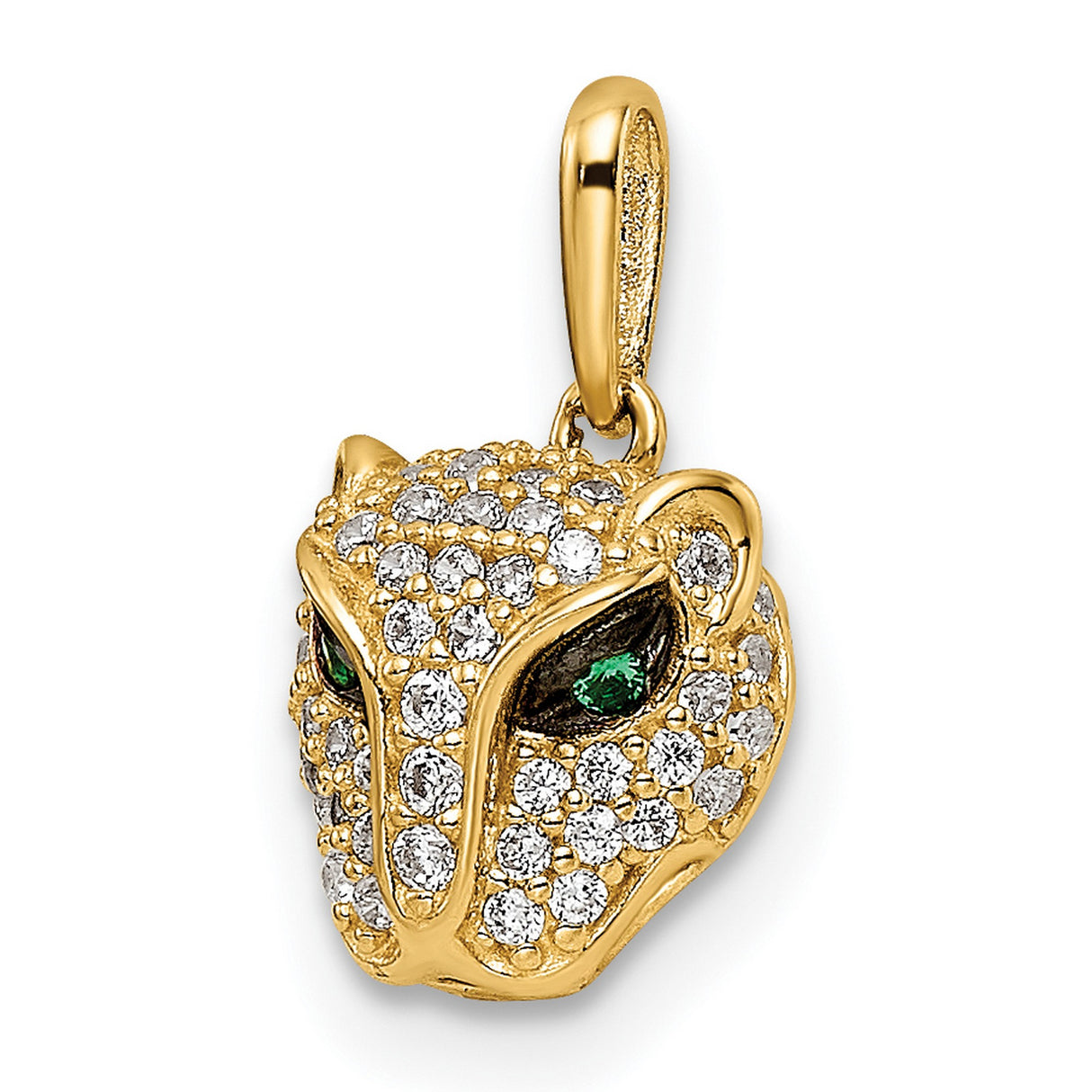 14k Yellow Gold Leopard Head Pendant with Pavé White Stones and Green Gem Eyes