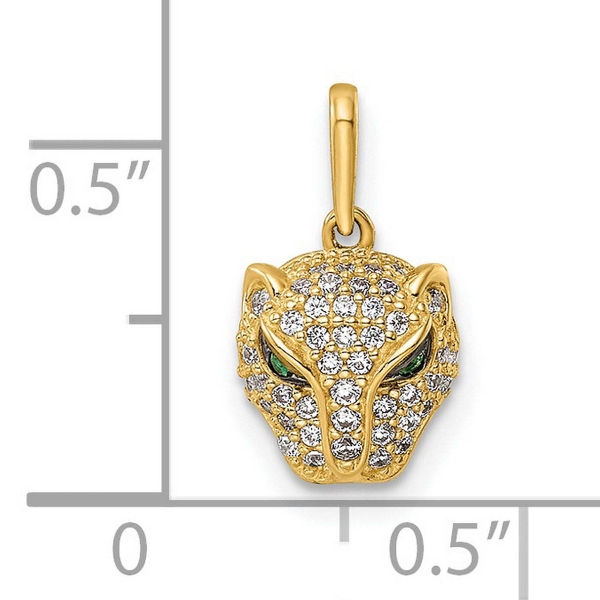 14k Yellow Gold Leopard Head Pendant with Pavé White Stones and Green Gem Eyes