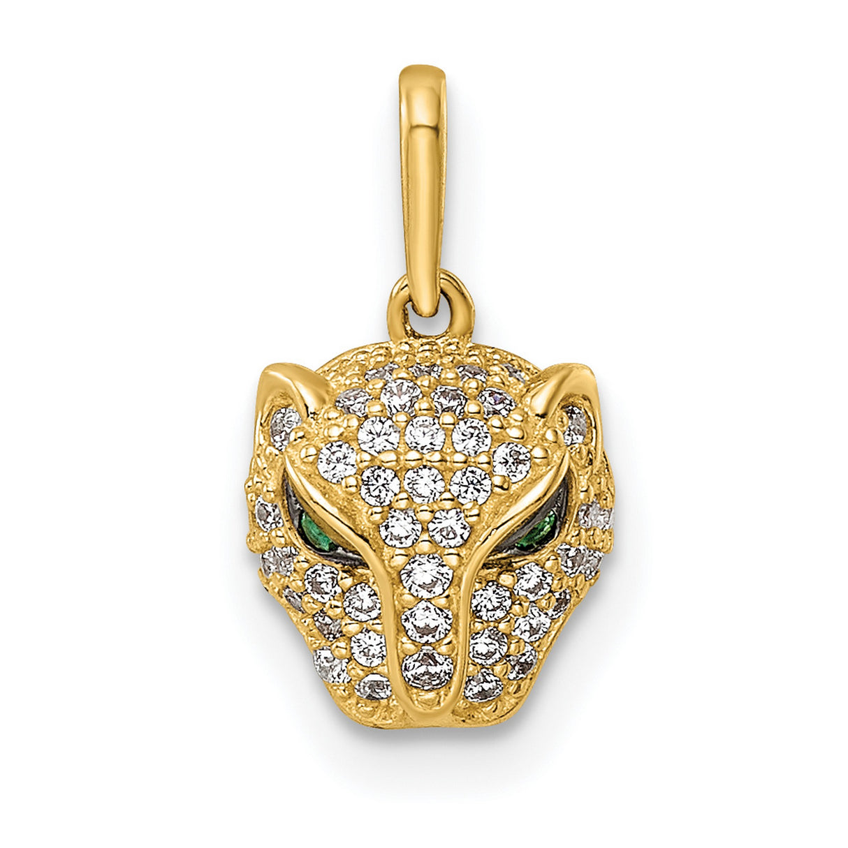 14k Yellow Gold Leopard Head Pendant with Pavé White Stones and Green Gem Eyes