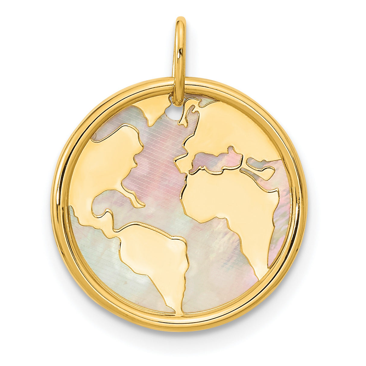 14k Yellow Gold World Map Pendant with Mother of Pearl Inlay, Travel Jewelry Theme