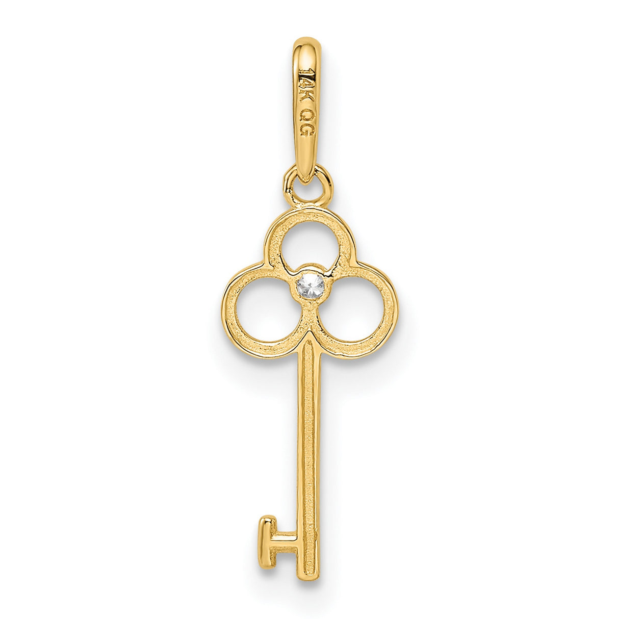 14k Yellow Gold Key Pendant with Cubic Zirconia, Clover Design, Symbolic Charm for Women