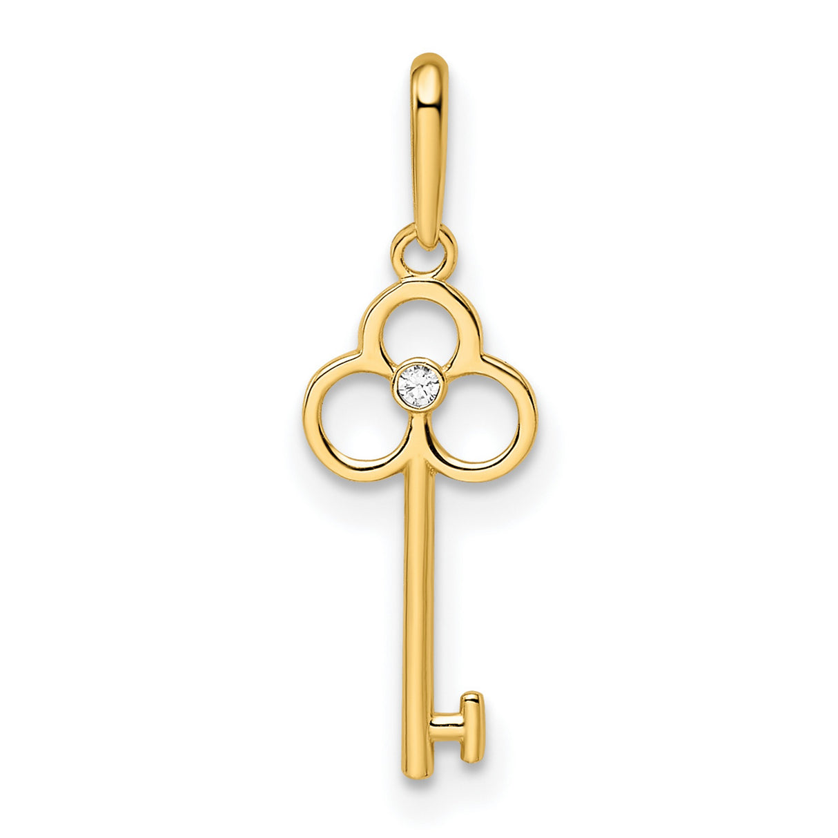 14k Yellow Gold Key Pendant with Cubic Zirconia, Clover Design, Symbolic Charm for Women