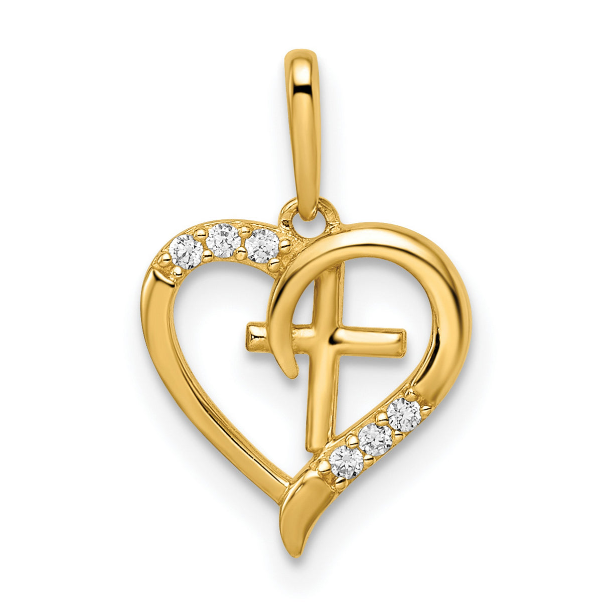 14k Yellow Gold Heart Cross Pendant with Cubic Zirconia, Christian Faith Jewelry for Women