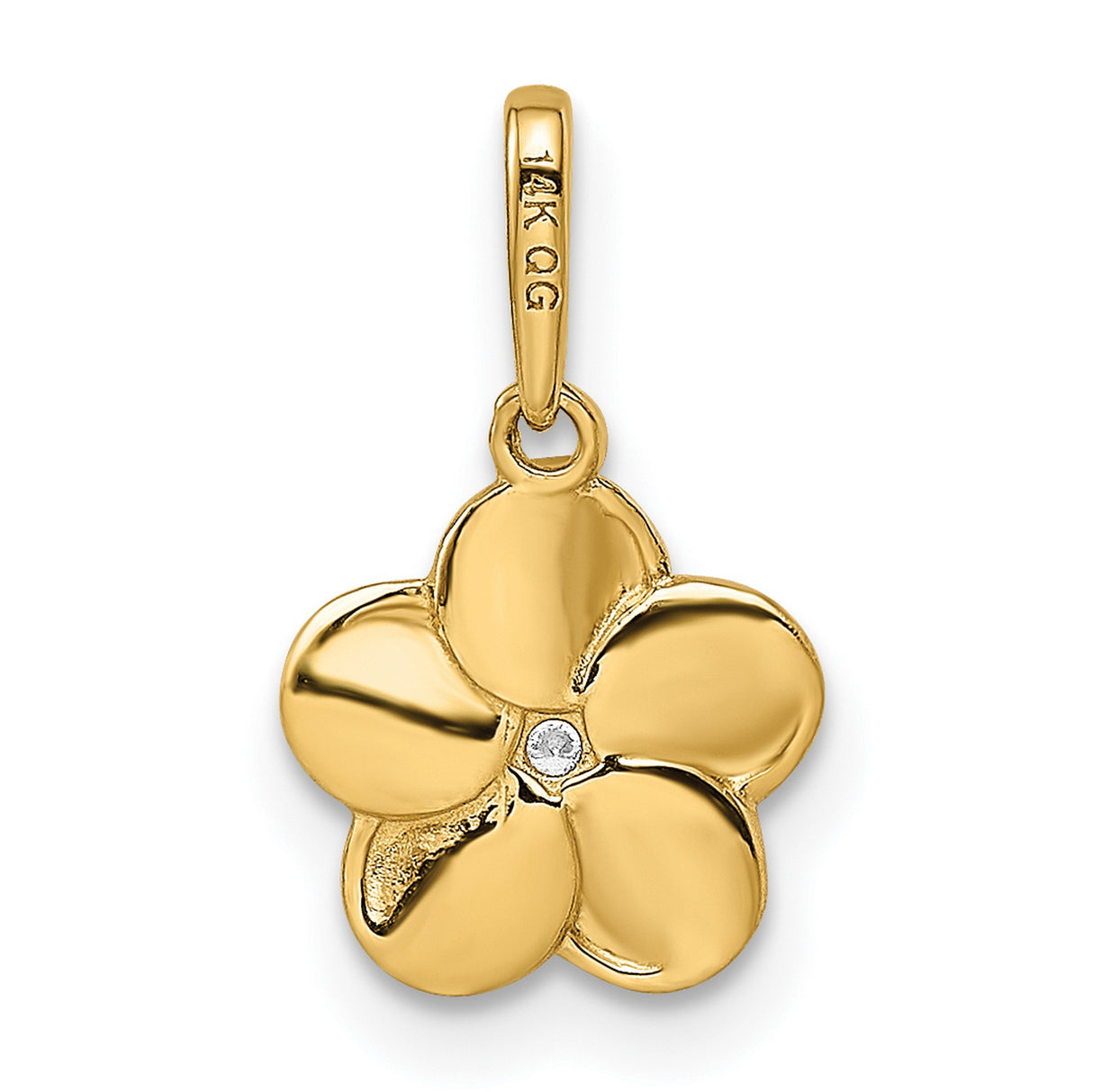 14k Yellow Gold Flower Pendant with Cubic Zirconia, Textured Five-Petal Floral Design for Women