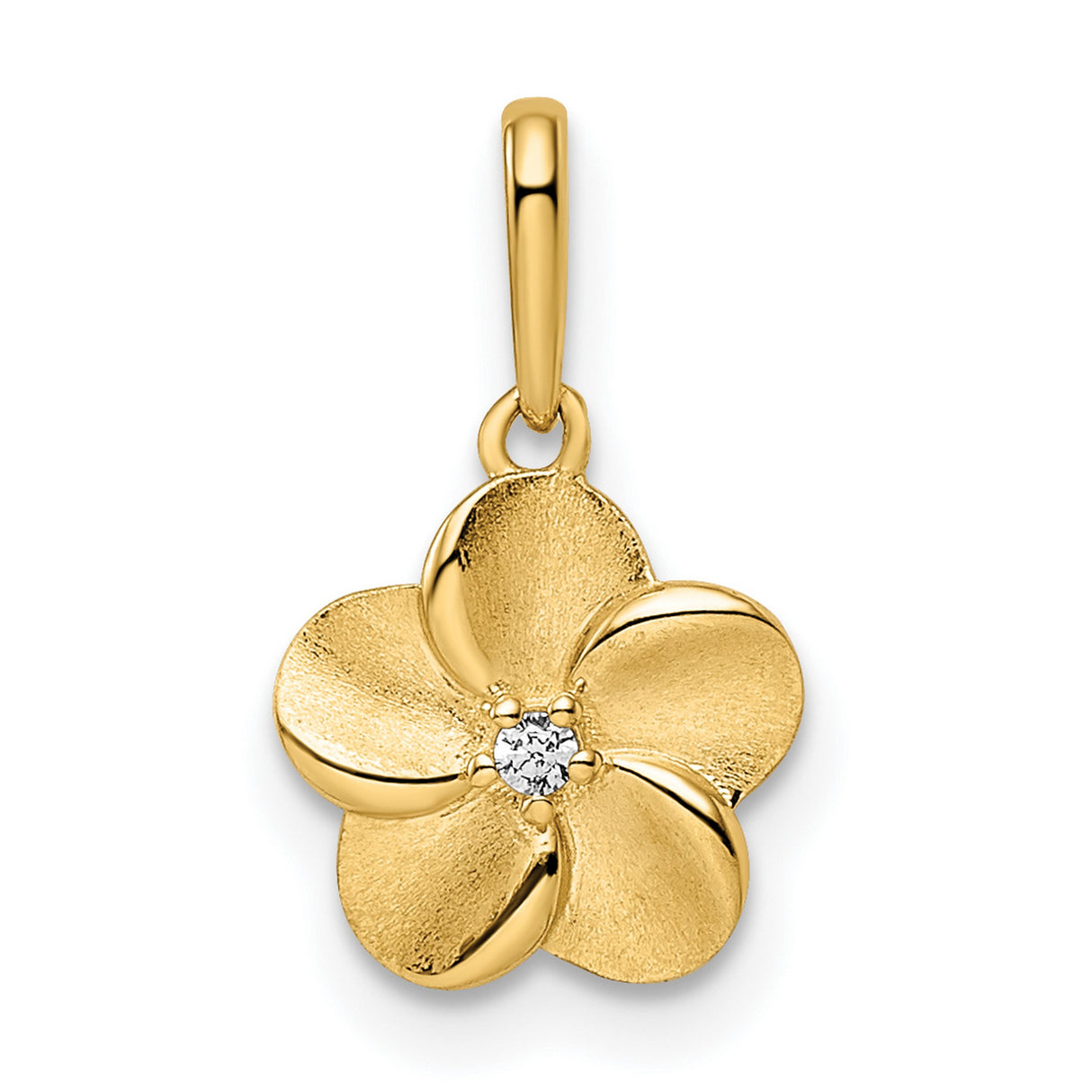 14k Yellow Gold Flower Pendant with Cubic Zirconia, Textured Five-Petal Floral Design for Women