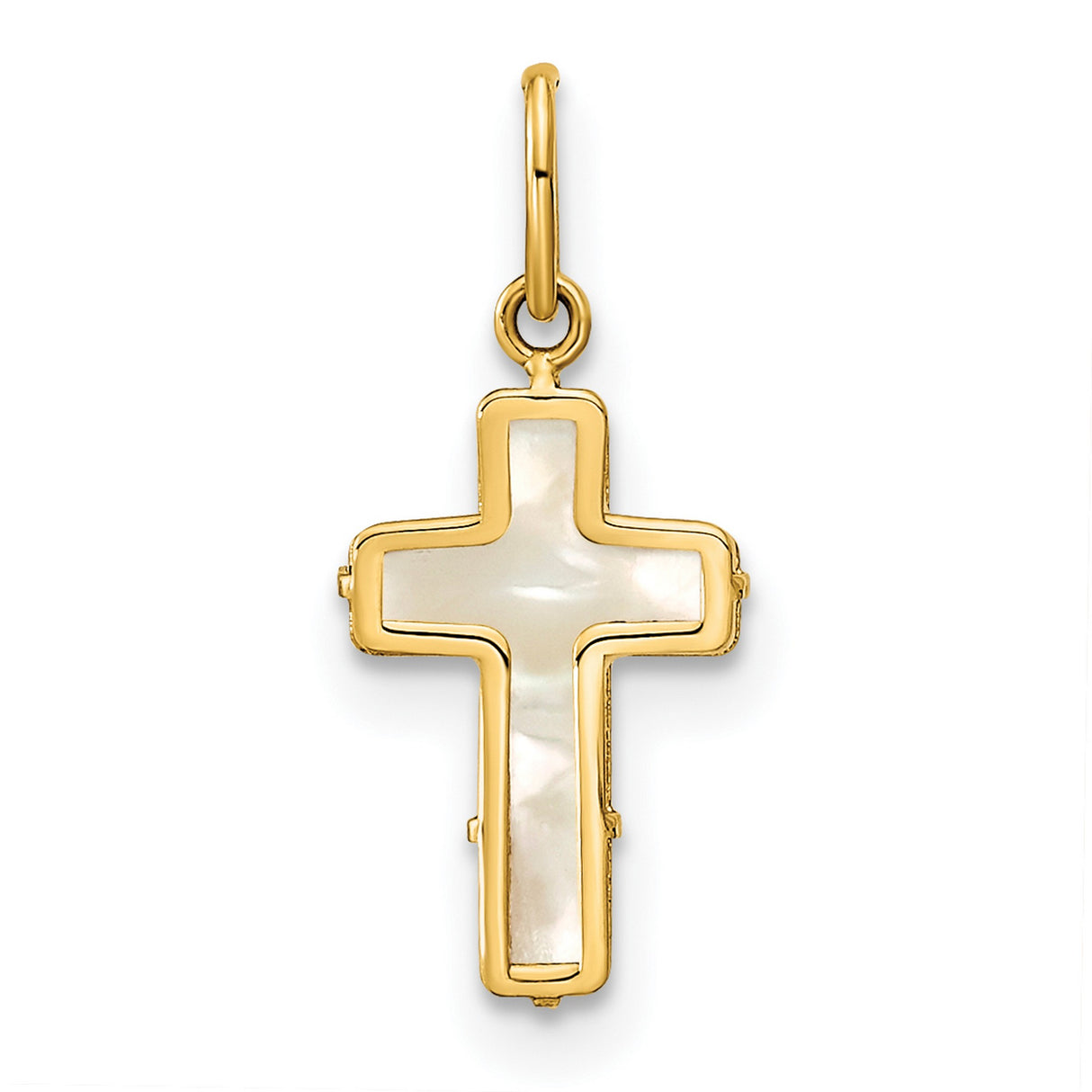 14k Yellow Gold Cross Pendant with Mother of Pearl Inlay, Traditional Christian Design for Women