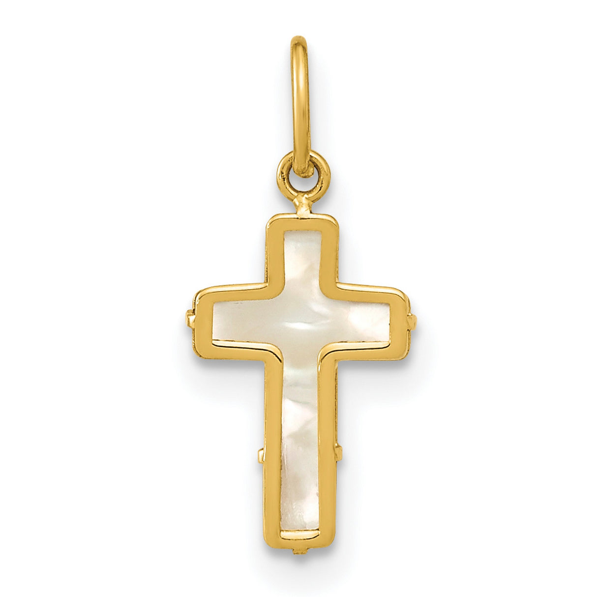 14k Yellow Gold Cross Pendant with Mother of Pearl Inlay, Traditional Christian Design for Women