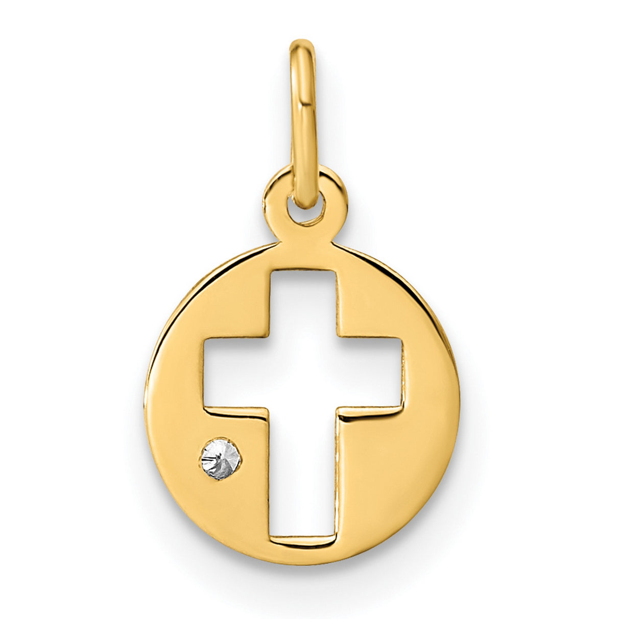 14k Yellow Gold Round Pendant with Cutout Cross and Cubic Zirconia Accent
