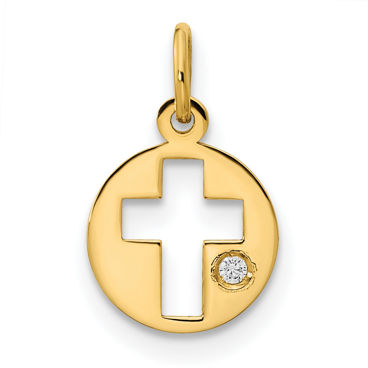 14k Yellow Gold Round Pendant with Cutout Cross and Cubic Zirconia Accent