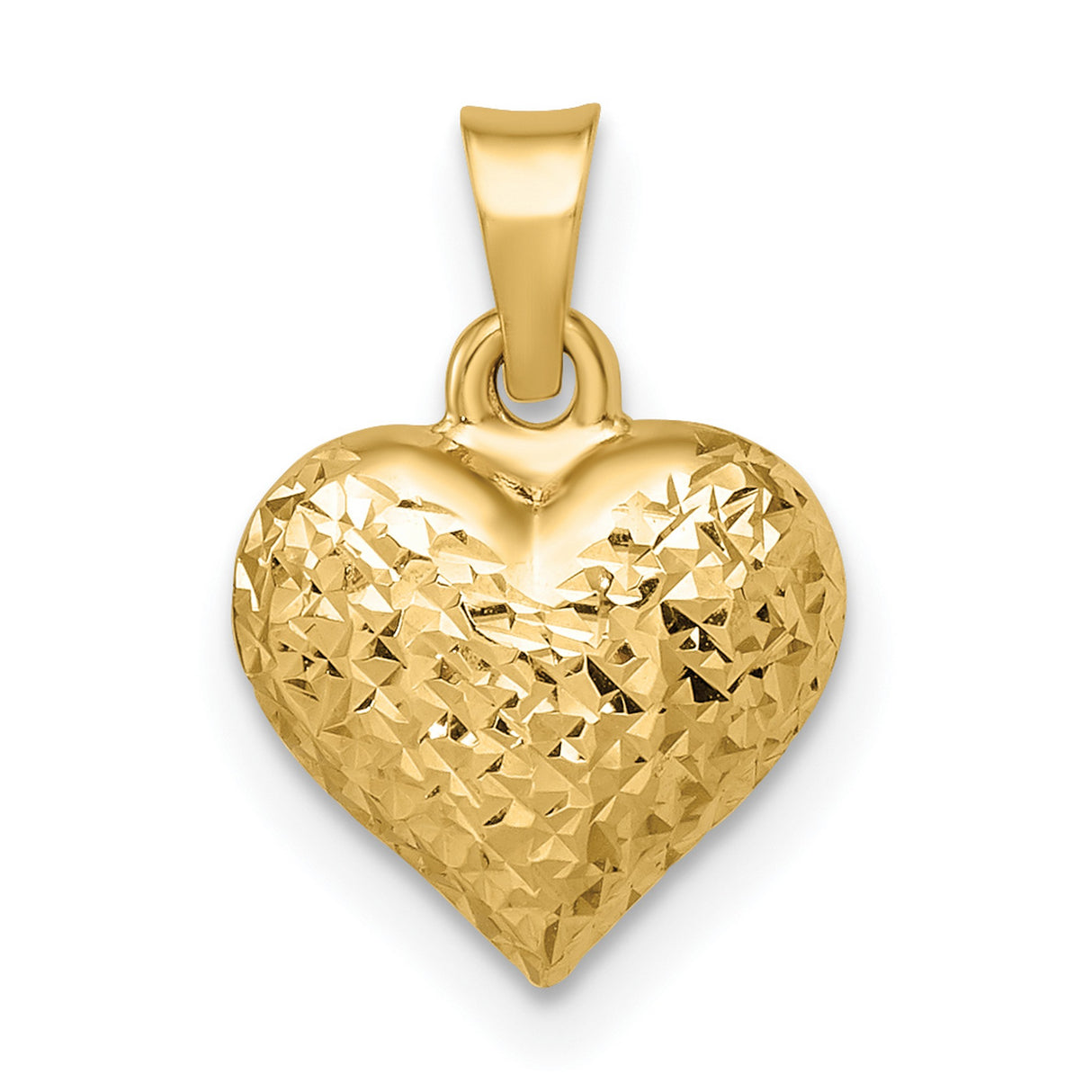 14k Yellow Gold Heart Pendant, Diamond Cut Textured Puffed Charm for Women