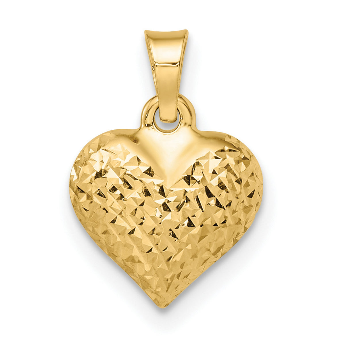 14k Yellow Gold Heart Pendant, Diamond Cut Textured Puffed Charm for Women