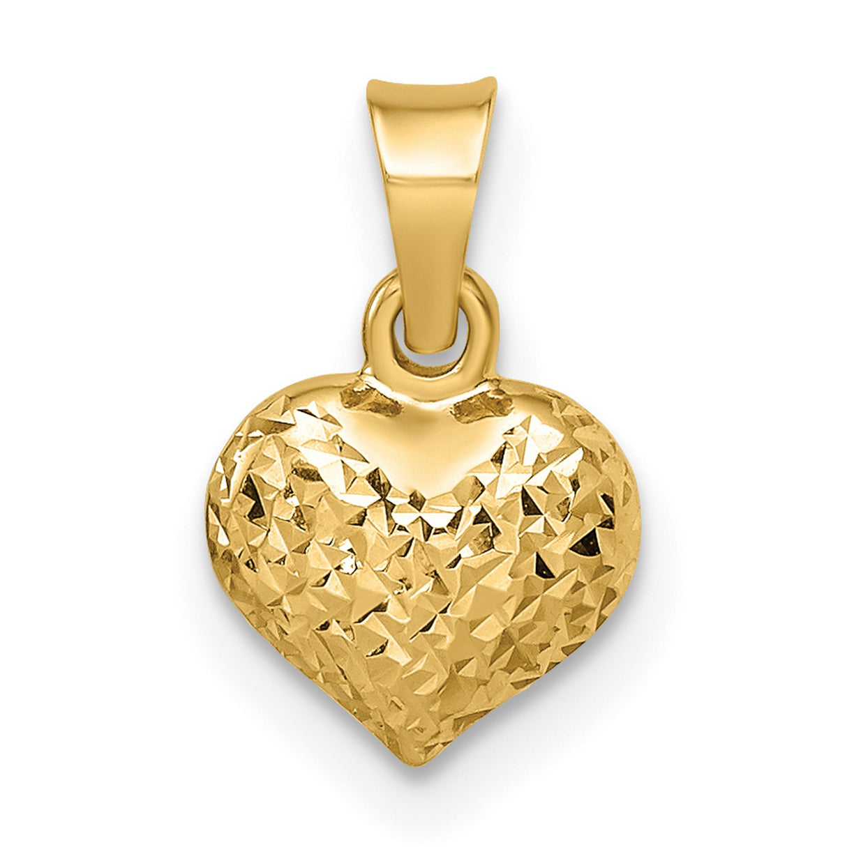 14k Yellow Gold Heart Pendant, Diamond-Cut Textured Puffed Design for Women