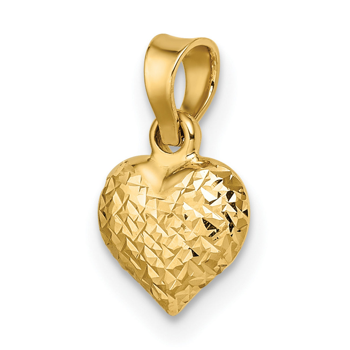 14k Yellow Gold Heart Pendant, Diamond-Cut Textured Puffed Design for Women