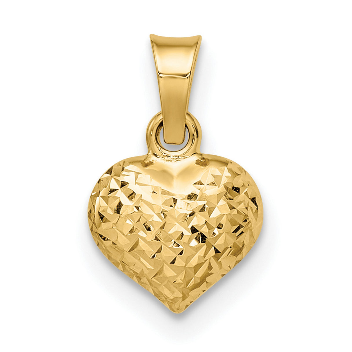 14k Yellow Gold Heart Pendant, Diamond-Cut Textured Puffed Design for Women