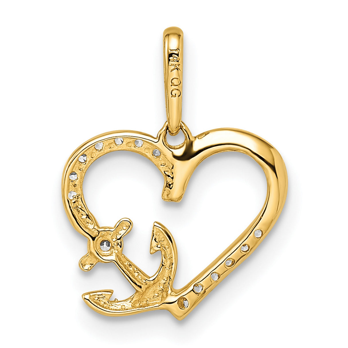 14k Yellow Gold Heart and Anchor Pendant with Cubic Zirconia, Nautical Faith and Love Symbol for Women