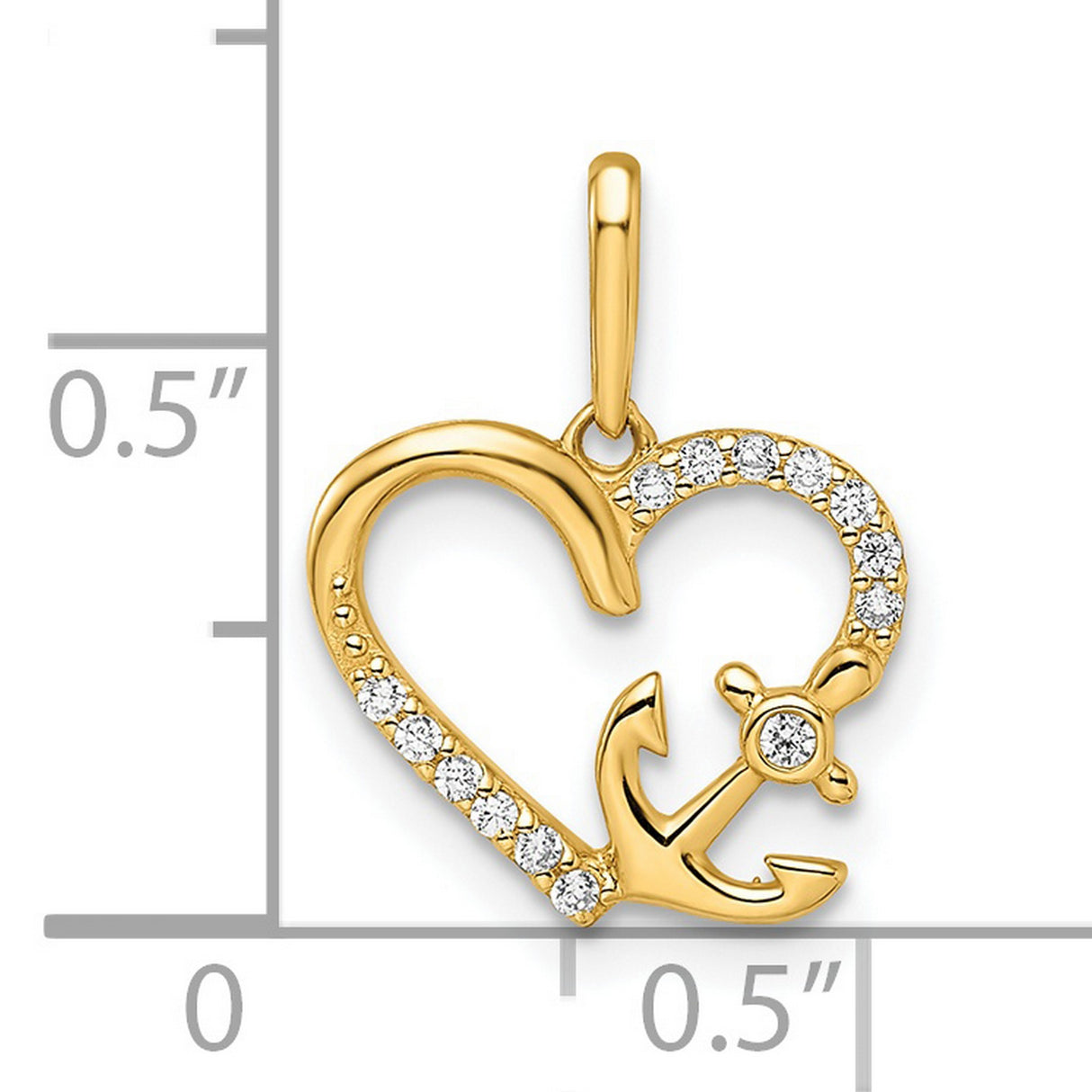 14k Yellow Gold Heart and Anchor Pendant with Cubic Zirconia, Nautical Faith and Love Symbol for Women