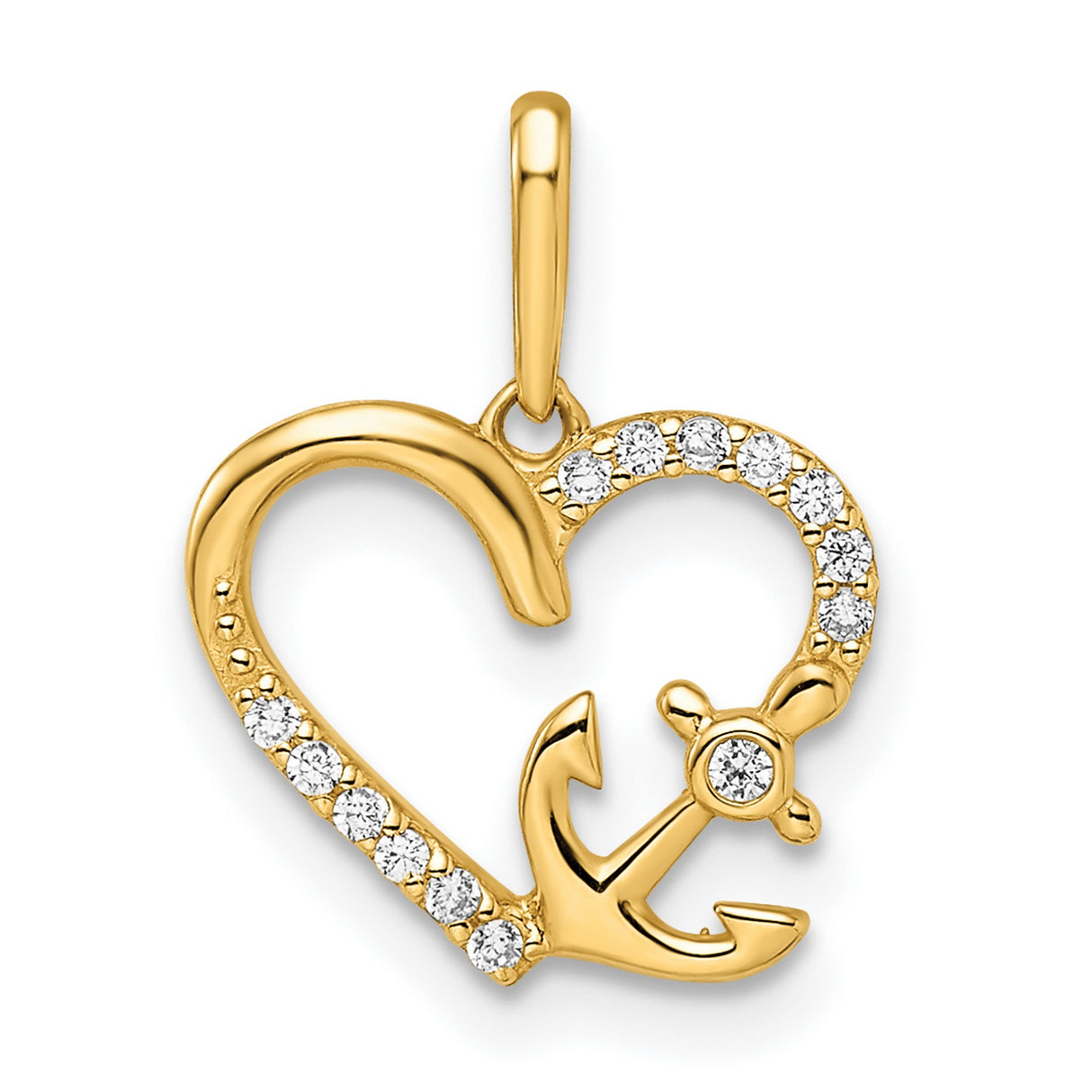 14k Yellow Gold Heart and Anchor Pendant with Cubic Zirconia, Nautical Faith and Love Symbol for Women