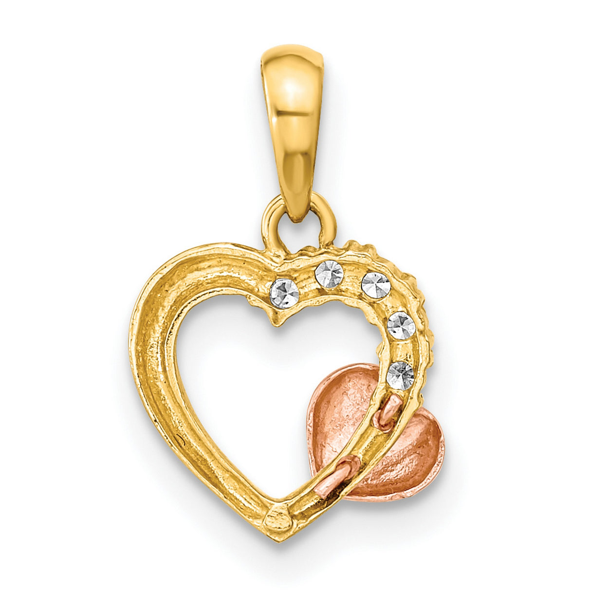 14k Two-Tone Gold Heart Pendant with Yellow Gold Open Heart and Rose Gold Puffed Heart