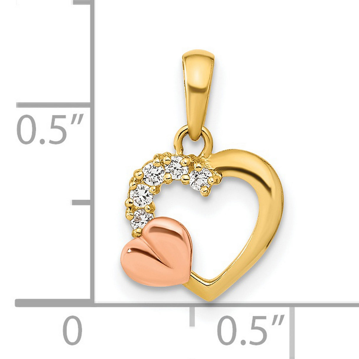 14k Two-Tone Gold Heart Pendant with Yellow Gold Open Heart and Rose Gold Puffed Heart