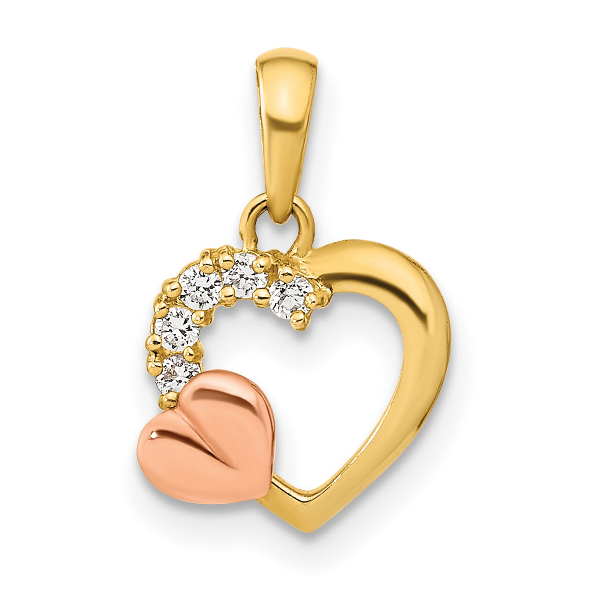 14k Two-Tone Gold Heart Pendant with Yellow Gold Open Heart and Rose Gold Puffed Heart