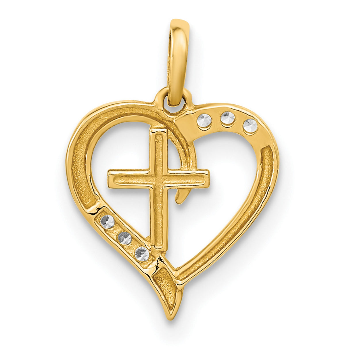 14k Yellow Gold Heart Cross Pendant with Diamond Accents, Open Heart Religious Charm for Women