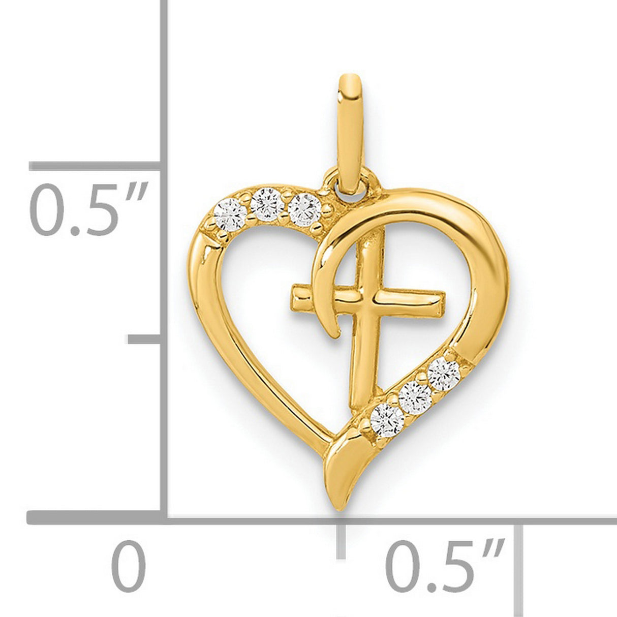 14k Yellow Gold Heart Cross Pendant with Diamond Accents, Open Heart Religious Charm for Women