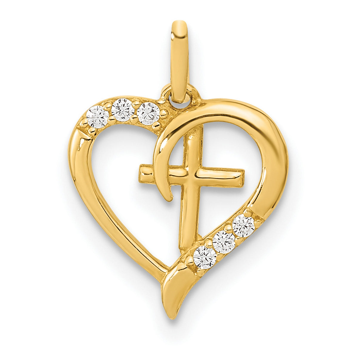 14k Yellow Gold Heart Cross Pendant with Diamond Accents, Open Heart Religious Charm for Women