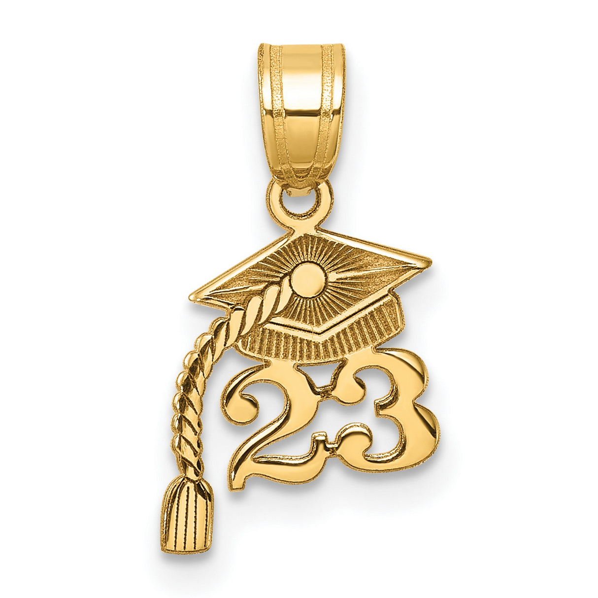 14k Yellow Gold Graduation Pendant with Cap and Dangling Tassel, Class of 2023 Charm