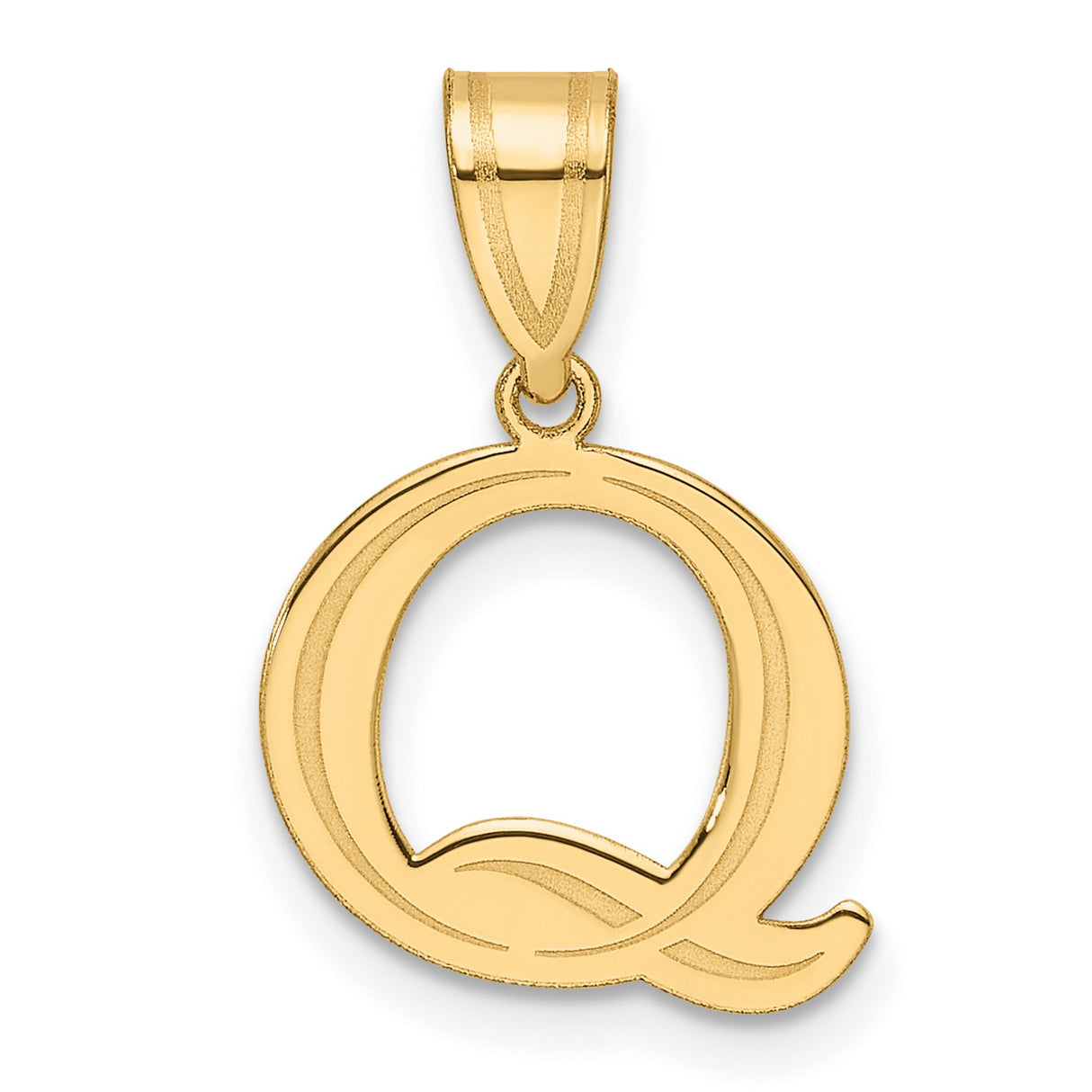 Polished Etched Letter Q Initial Charm Pendant in Real 14k Yellow Gold