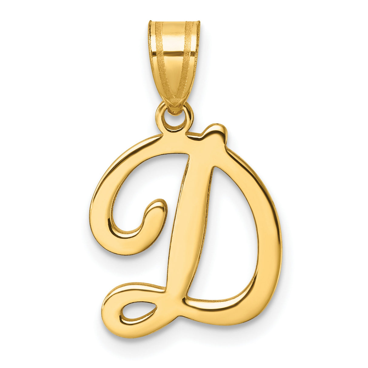 14k Yellow Gold Script Pendant with Letter D, Polished Cursive Initial Charm for Women