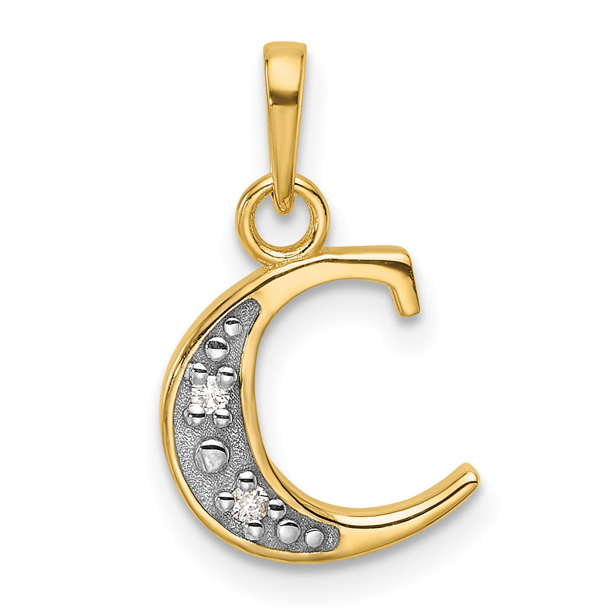 14k Multi-Tone Gold Letter C Pendant, Diamond-Cut Textured Initial Charm with Rhodium Finish