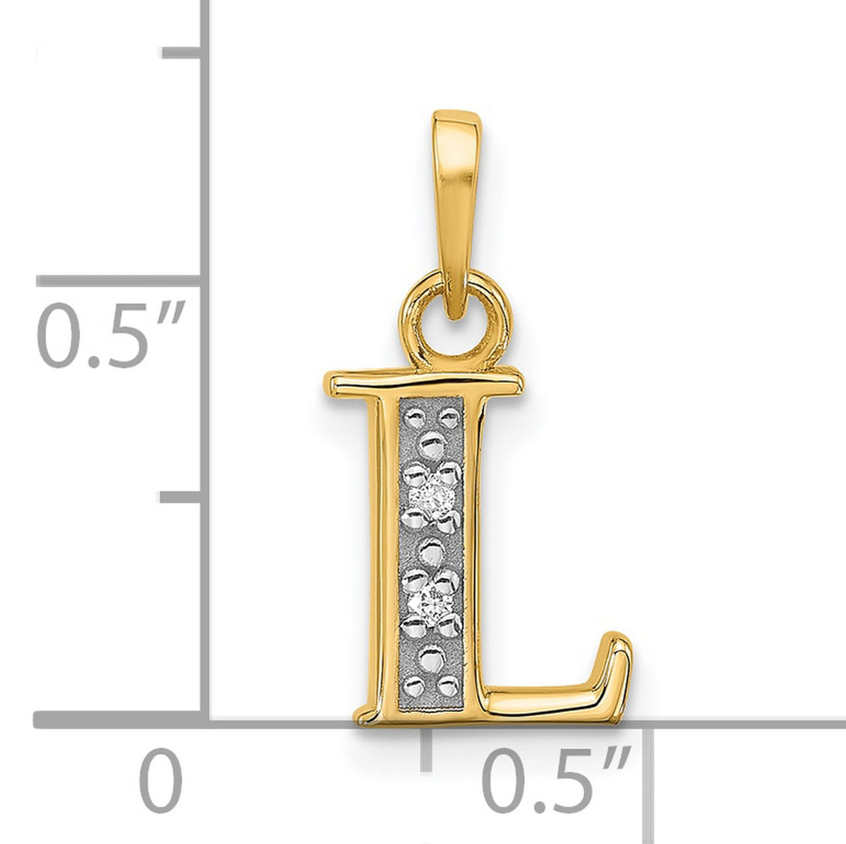 14k Yellow Gold Letter L Pendant with Diamond Cut Detail, Rhodium Plated Alphabet Charm