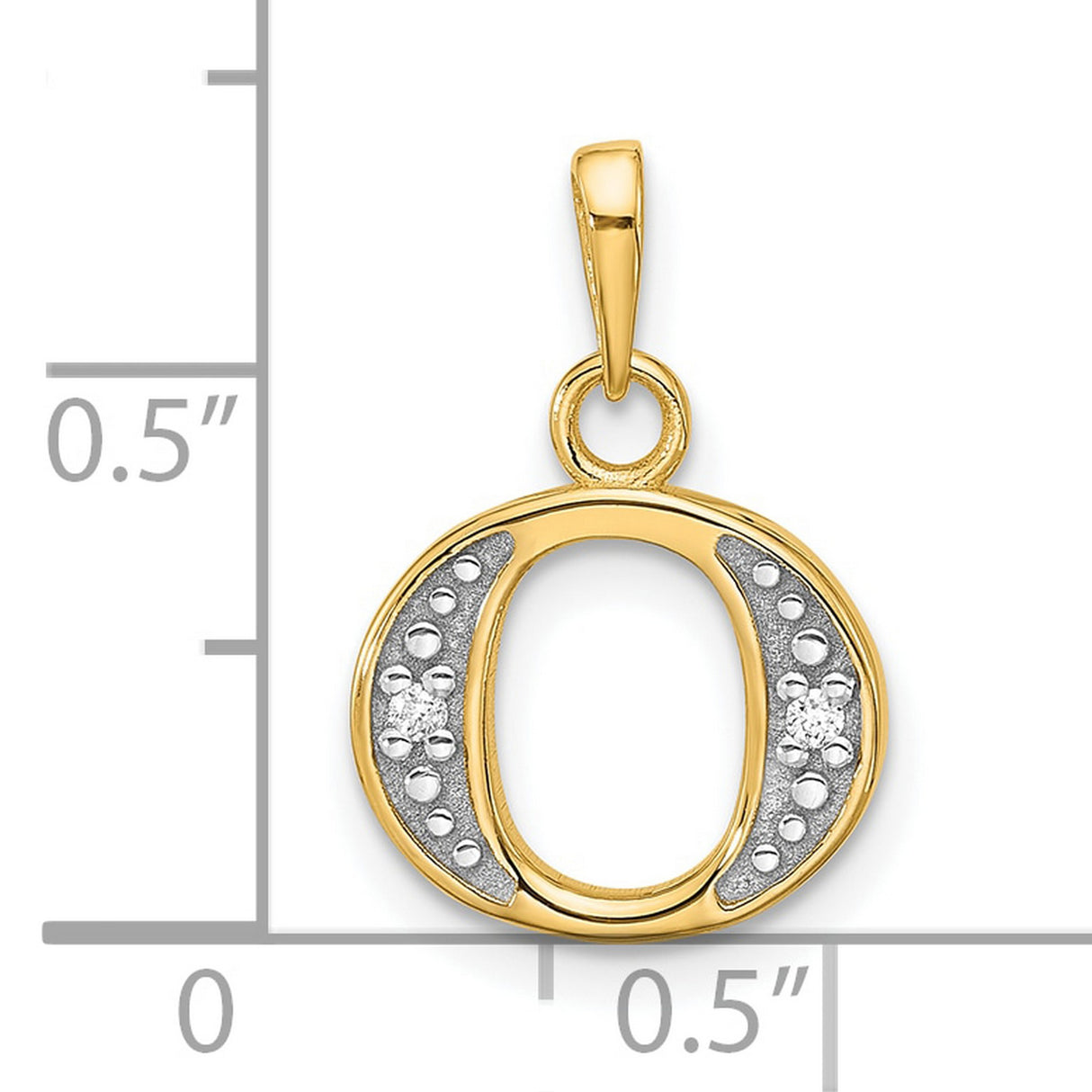 14k Multi-Tone Gold Initial O Pendant with Diamond Cut Detailing and Rhodium Accent