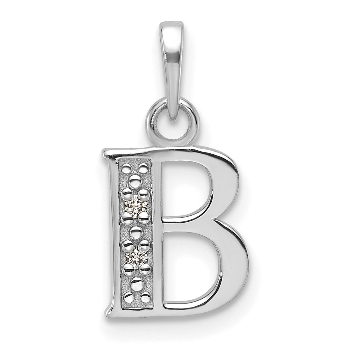 14k White Gold Initial B Pendant with Diamond Accents, Polished Letter Charm for Women