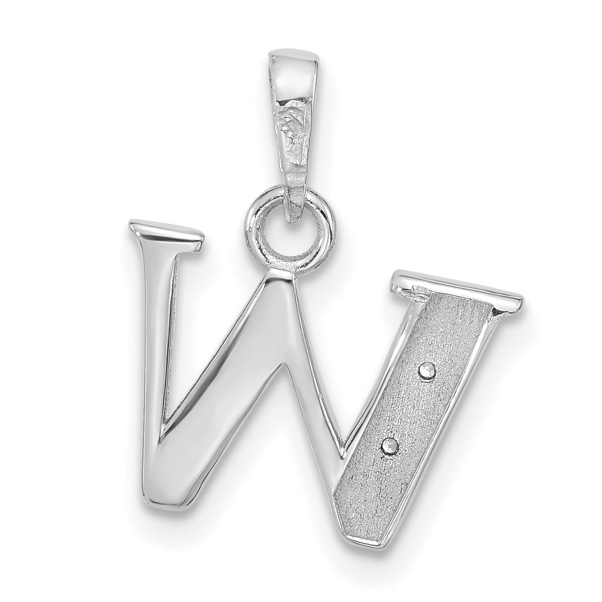 14k White Gold Letter W Pendant Charm with Diamond Accent, Textured and Polished Design