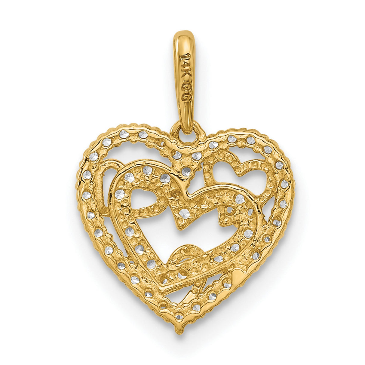 14k Yellow Gold Heart Pendant with Cubic Zirconia, Intertwined Open Hearts Design