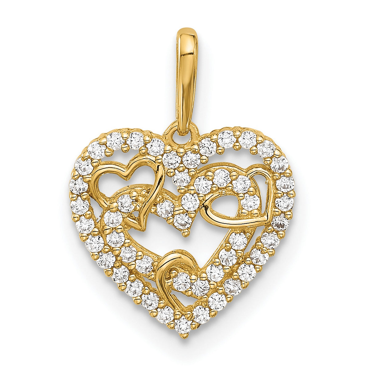 14k Yellow Gold Heart Pendant with Cubic Zirconia, Intertwined Open Hearts Design