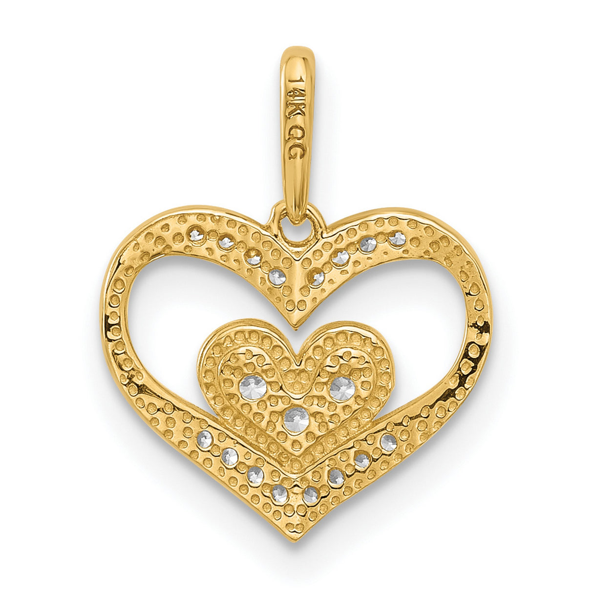 14k Yellow Gold Heart Pendant with Double Layered Hearts and Cubic Zirconia