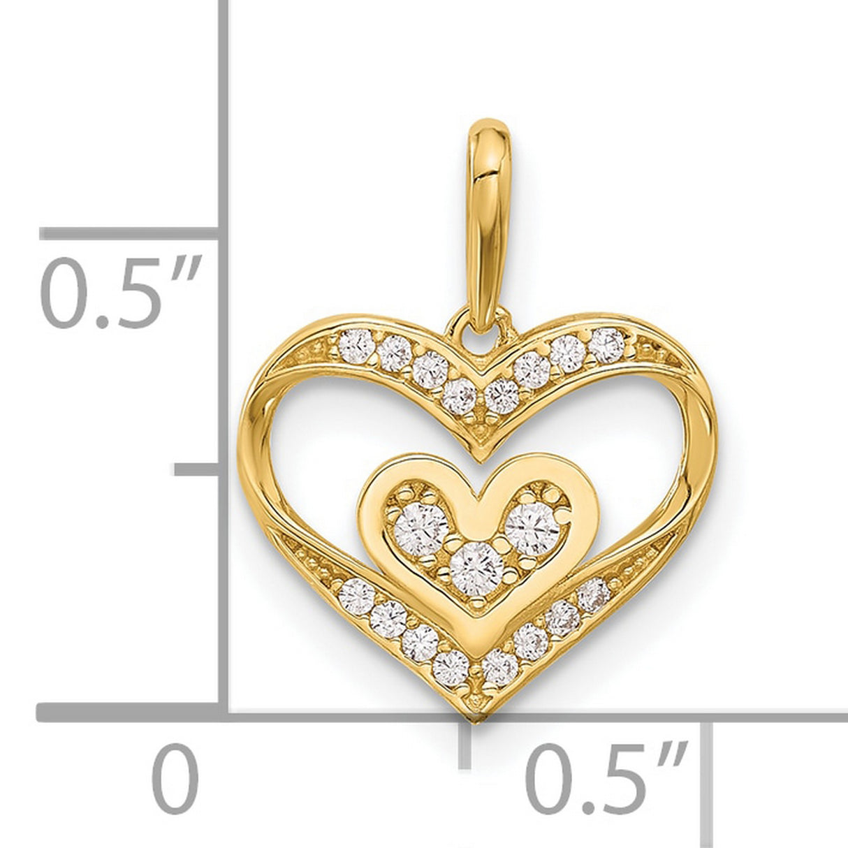 14k Yellow Gold Heart Pendant with Double Layered Hearts and Cubic Zirconia