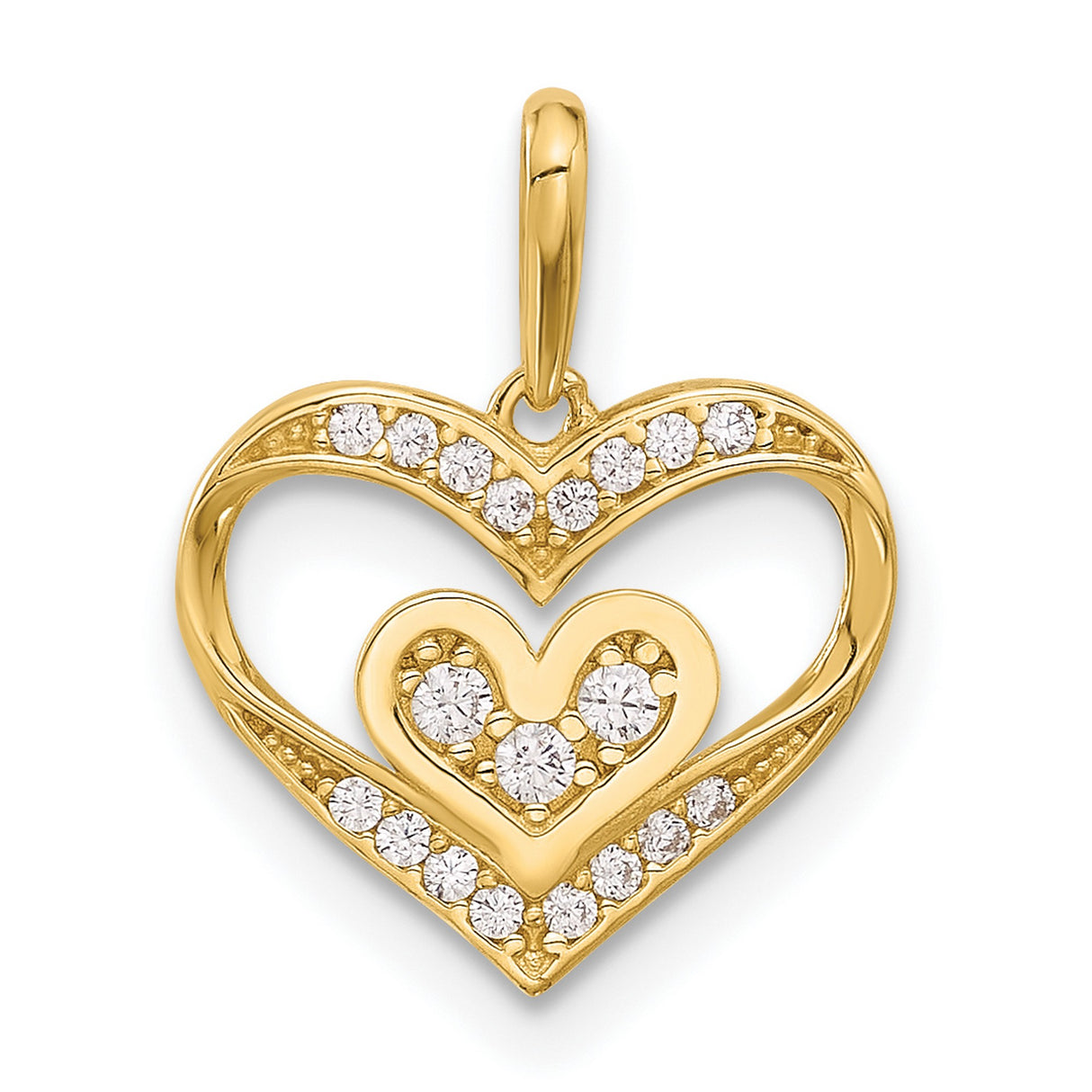 14k Yellow Gold Heart Pendant with Double Layered Hearts and Cubic Zirconia