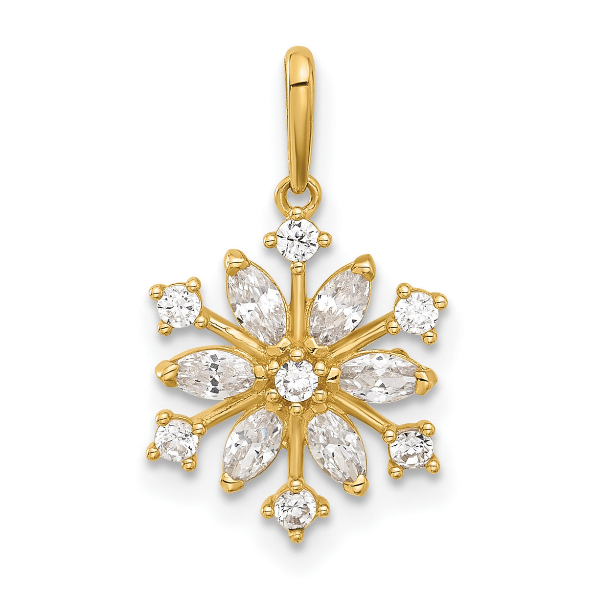 14k Yellow Gold Snowflake Pendant with Marquise and Round Cubic Zirconia
